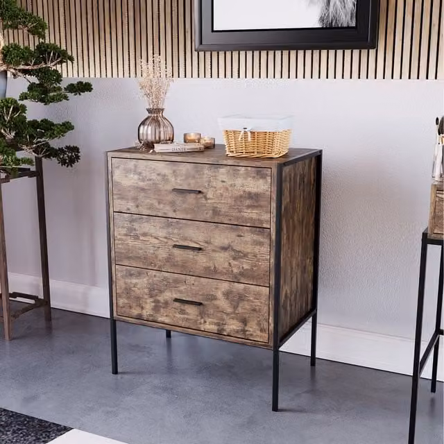 Vida Designs Industrial 3 Drawer Chest in Brown, Black and Grey Wood and Metal