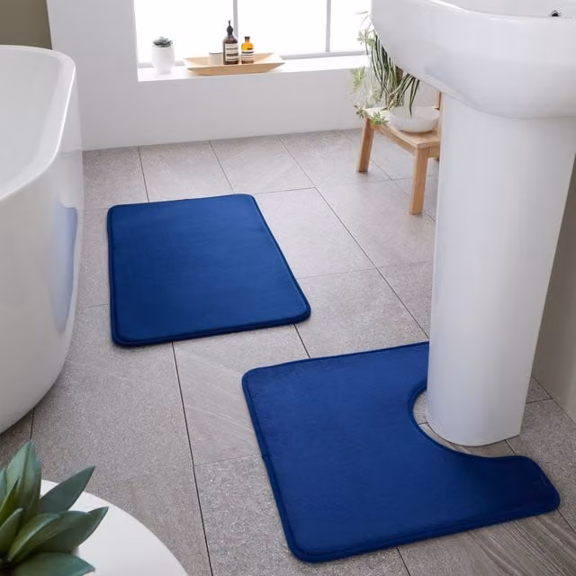 Catherine Lansfield Antibacterial Memory Foam Bath Mat and Pedestal Mat Set, Navy Blue
