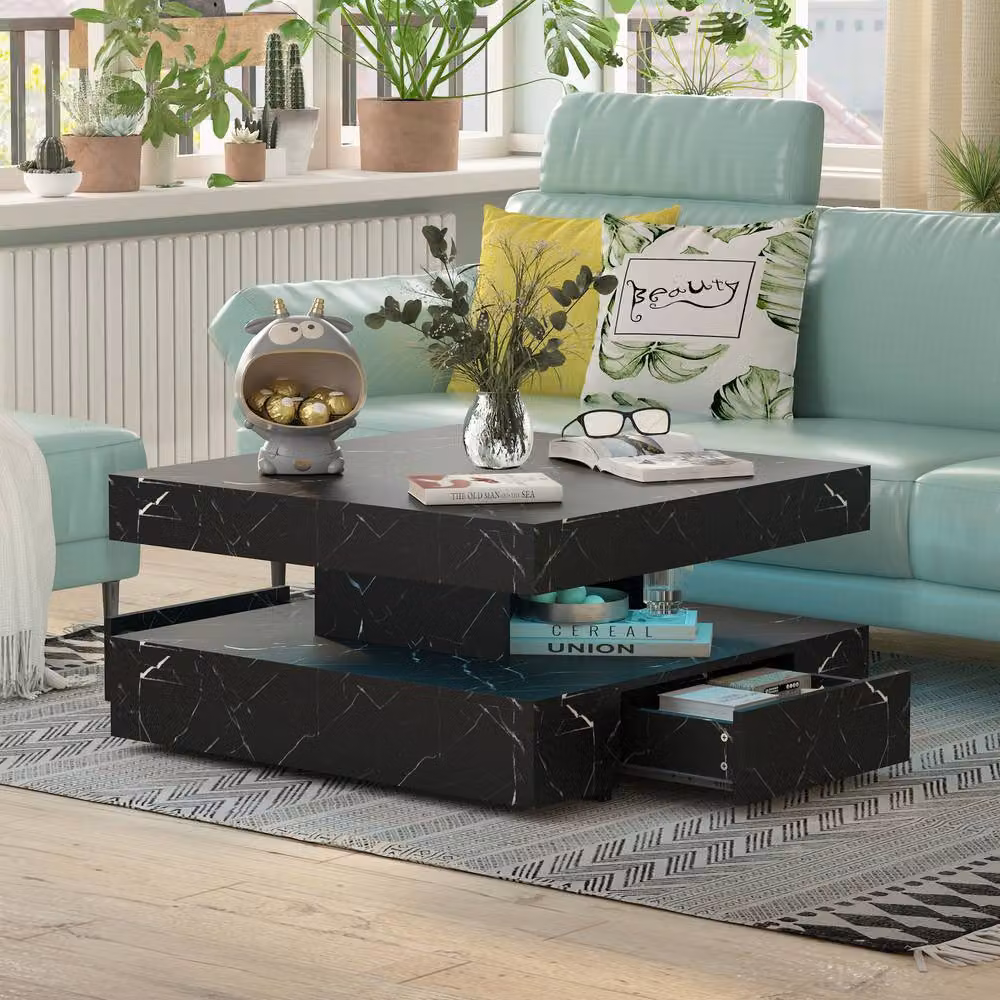 KEEPREAPER Modern Sleek LED Coffee Table with 2 Storage Drawers in Black Marble Finish – 6