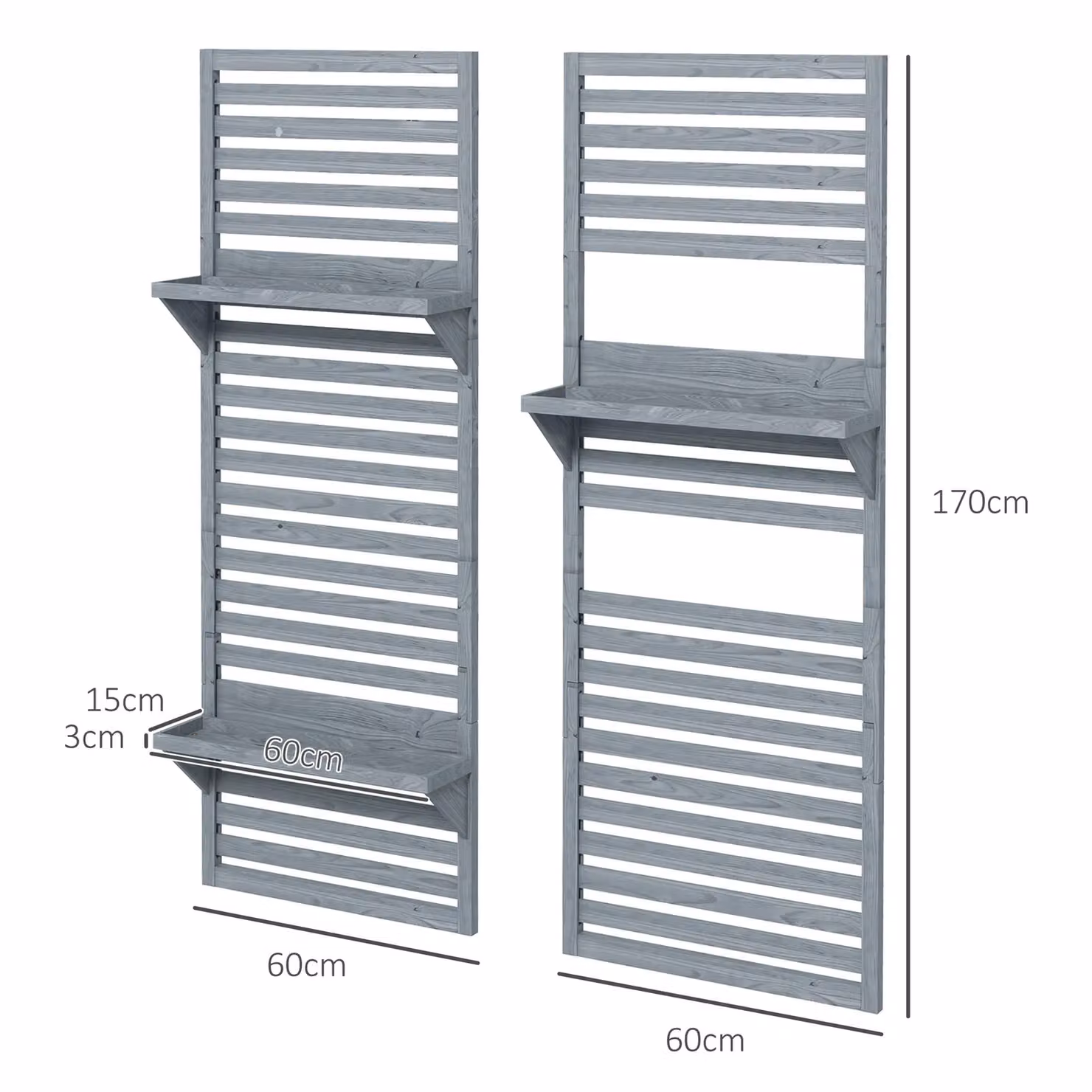 OUTSUNNY Set of 2 Wall Mounted Grey Wooden Plant Stands with Shelves and Slatted Trellis – 2