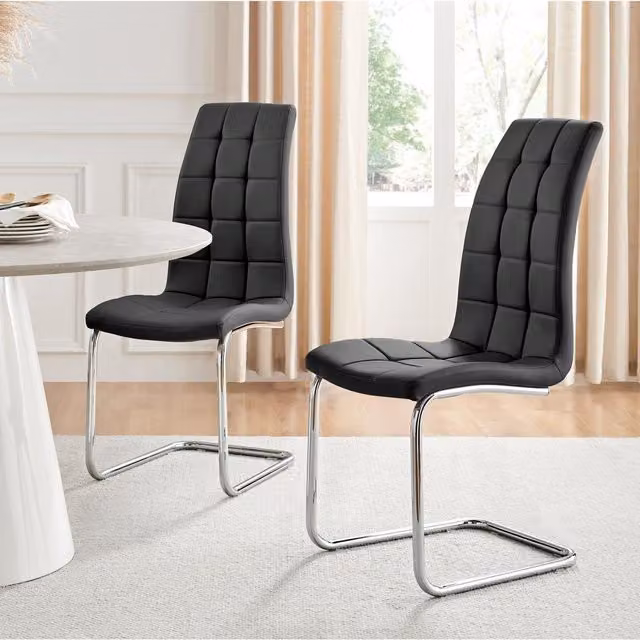 FurnitureboxUK Set of 2 Murano Modern Dining Chairs in Black Faux Leather with Silver Chrome Metal Legs – 2