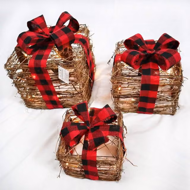 Shatchi Set of 3 Pre-Lit LED Glitter Christmas Light Up Parcels in Brown