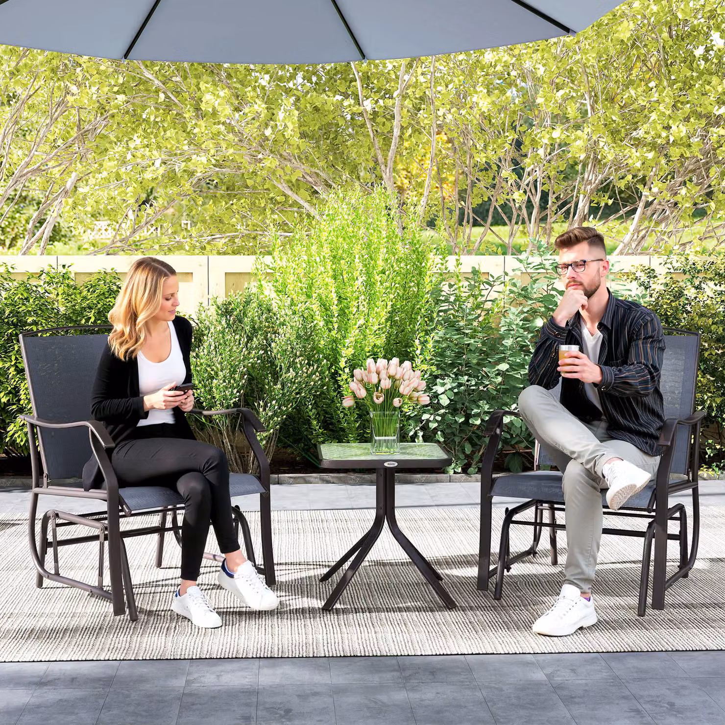 Outsunny Grey Glider Rocking Chair and Square Glass Table Bistro Set for Garden, Terrace or Balcony – 6