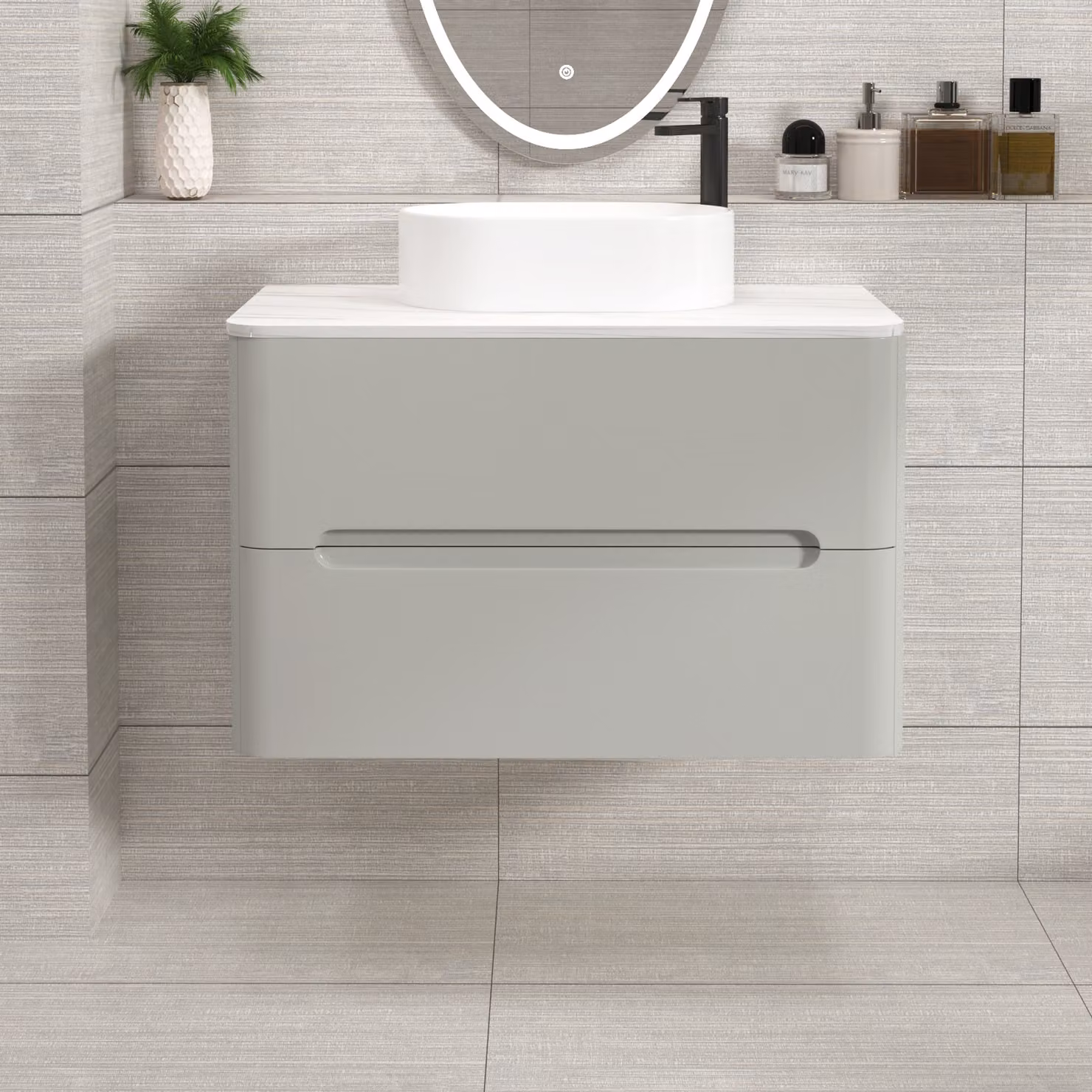 Royal Bathrooms Venice 800mm Wall Hung Vanity Unit with 2 Drawers and Peak Basin in Dove Grey