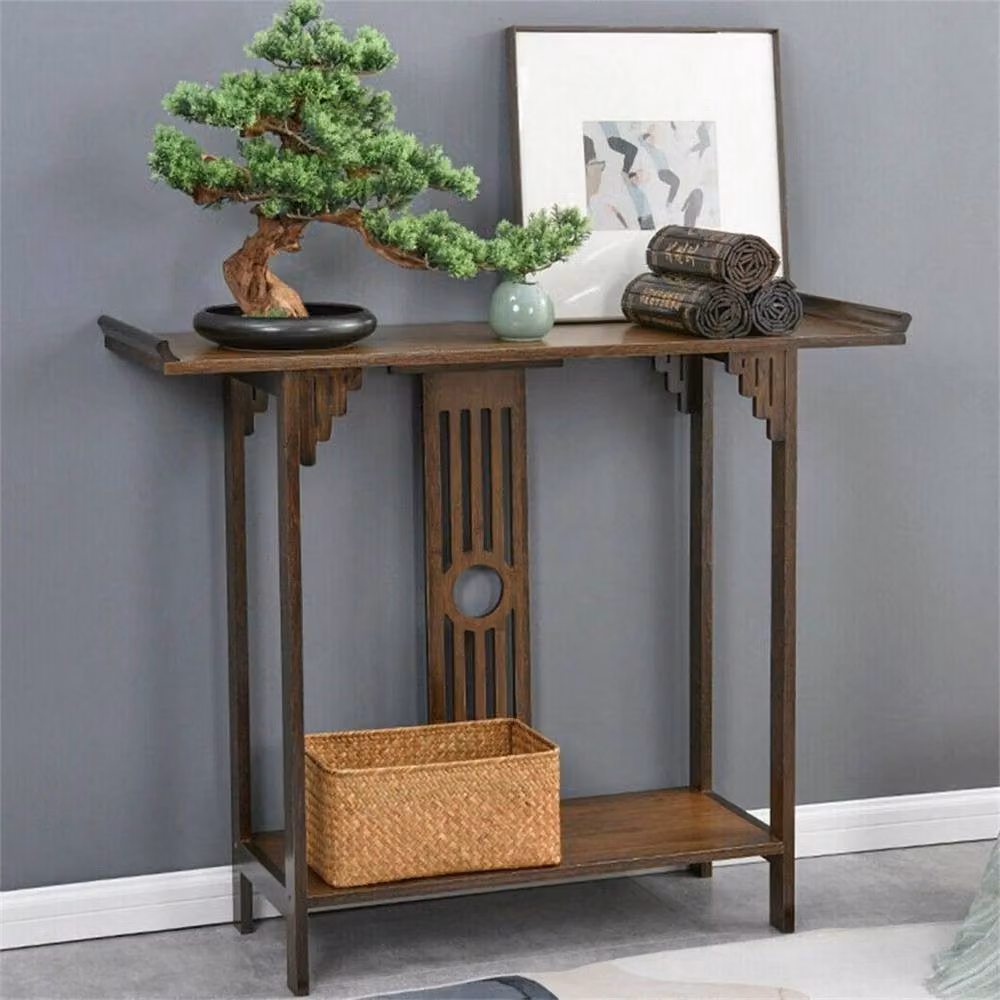 UNHO Kelvenix Narrow Rectangular Hallway Console Table in Brown Walnut and Bamboo – 4