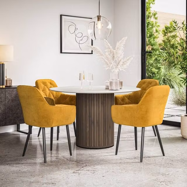 More4Homes Arlo White Marble Table Top with Walnut Legs and Anika Mustard Velvet Dining Chairs Set