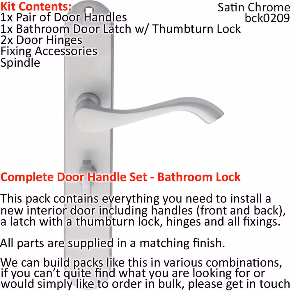 Loops Door Handle and Bathroom Lock Pack in Satin Chrome with Scroll Round Tall Slim Backplate – 2
