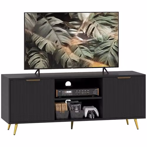 HOMCOM Modern Black Fluted TV Stand for TVs up to 55 Inch with Geometric Storage Cabinets W/D/H: 120 x 40 x 48 cm