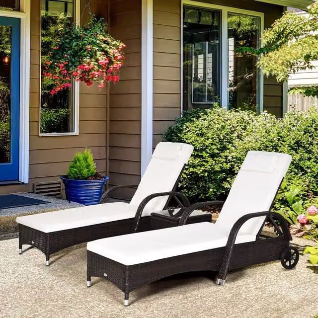 Outsunny 3 Piece Brown Polyrattan Sun Lounger Recliner Set with Side Table and Weatherproof Cushions – 2