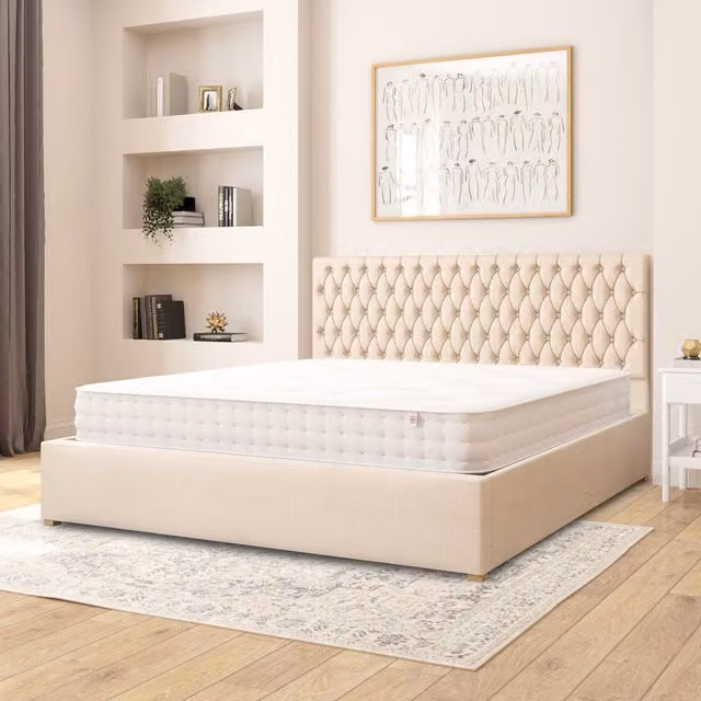 Aspire Upholstered Fabric Ottoman Storage Bed with Lift Up Base in Beige and Yellow, 200 x 200 cm