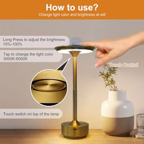 Harper Living Cordless Rechargeable LED Table Lamp, Dimmable and Colour Changing, Gold/Brass – 4