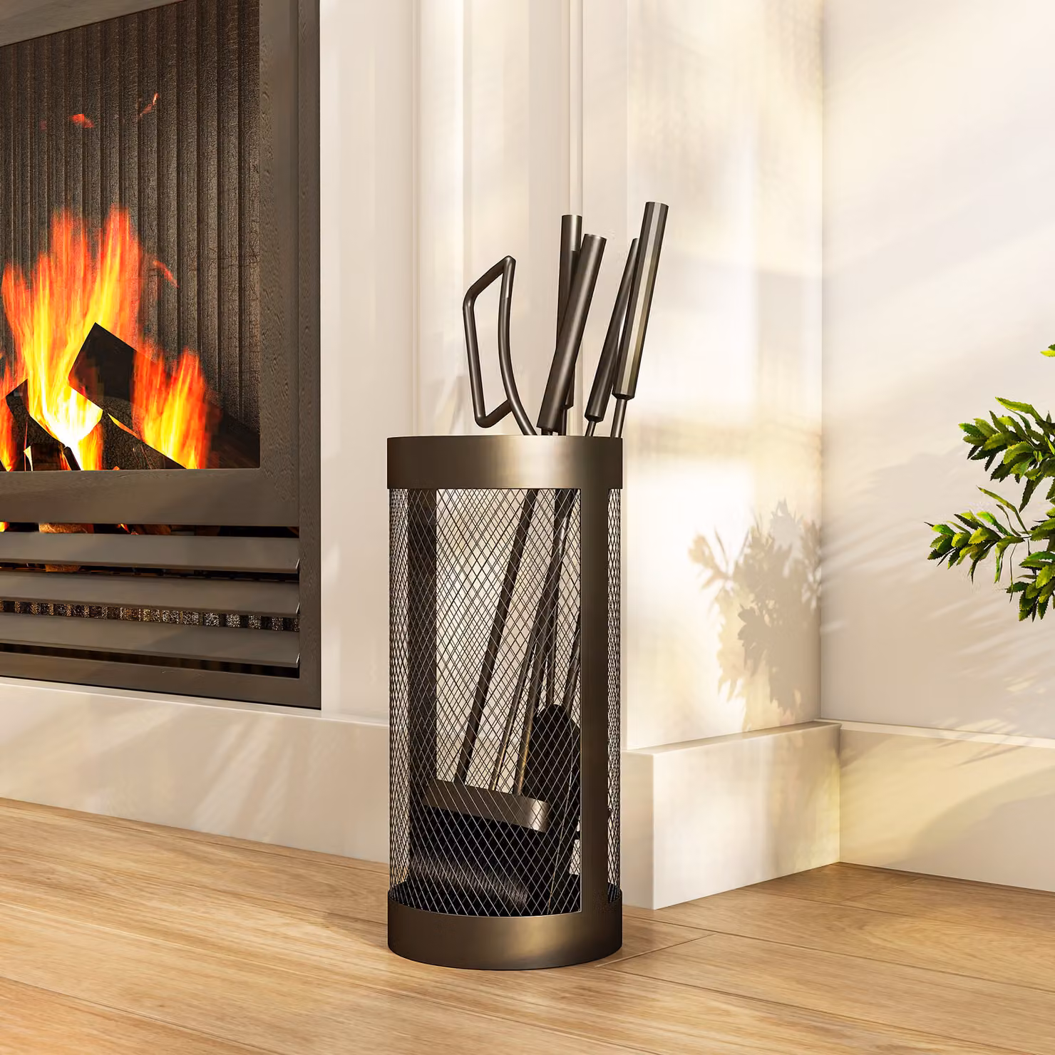 Outsunny 5-Piece Fireplace Tools Set with Mesh Basket in Black – 2