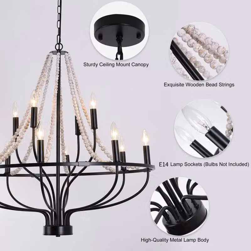 Garwarm 12-Light Dimmable Rustic Wagon Wheel Chandelier with Beaded Accents in Black and Wood – 6