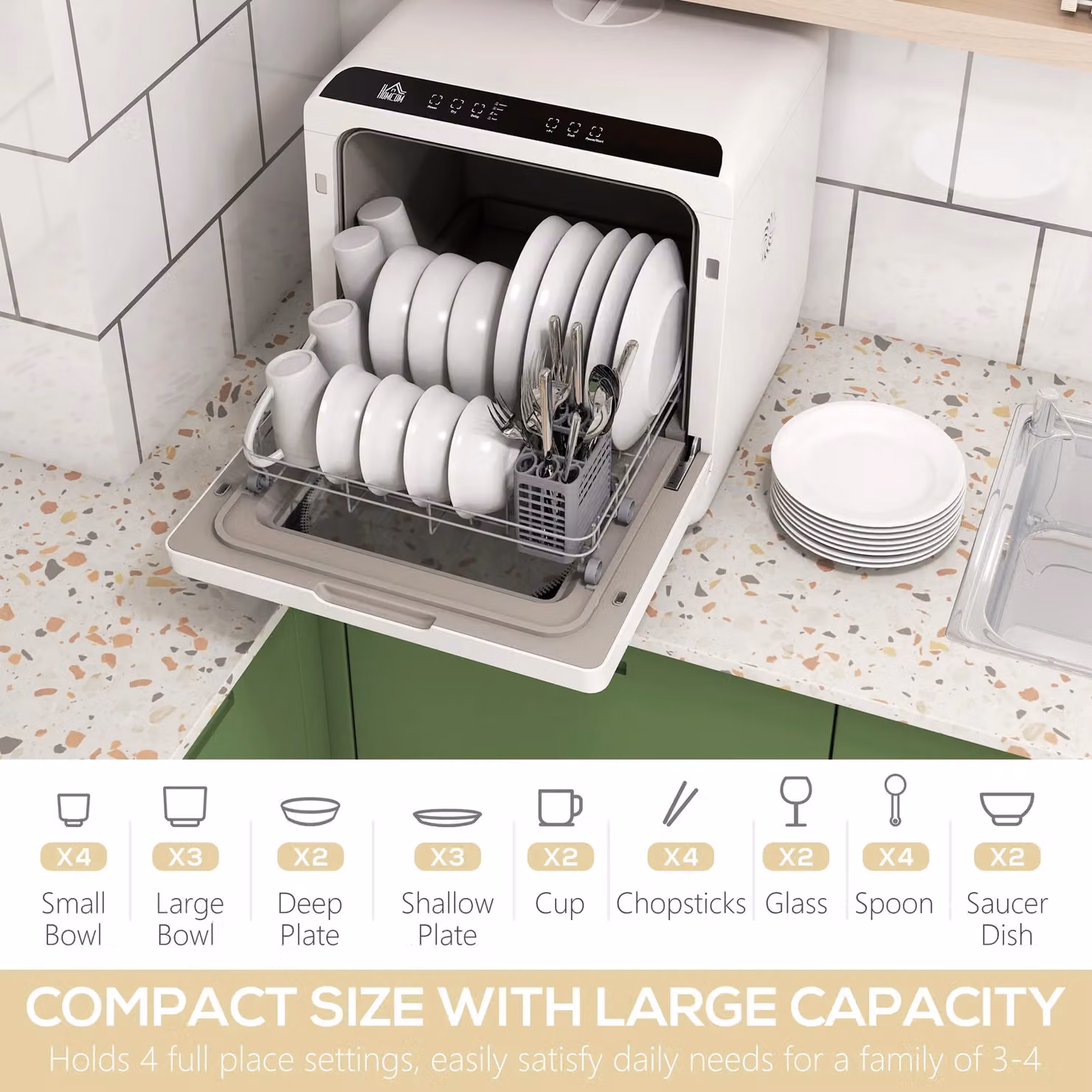 HOMCOM Countertop Dishwasher with 4 Place Settings and 6 Programs, White and Multicolour – 3