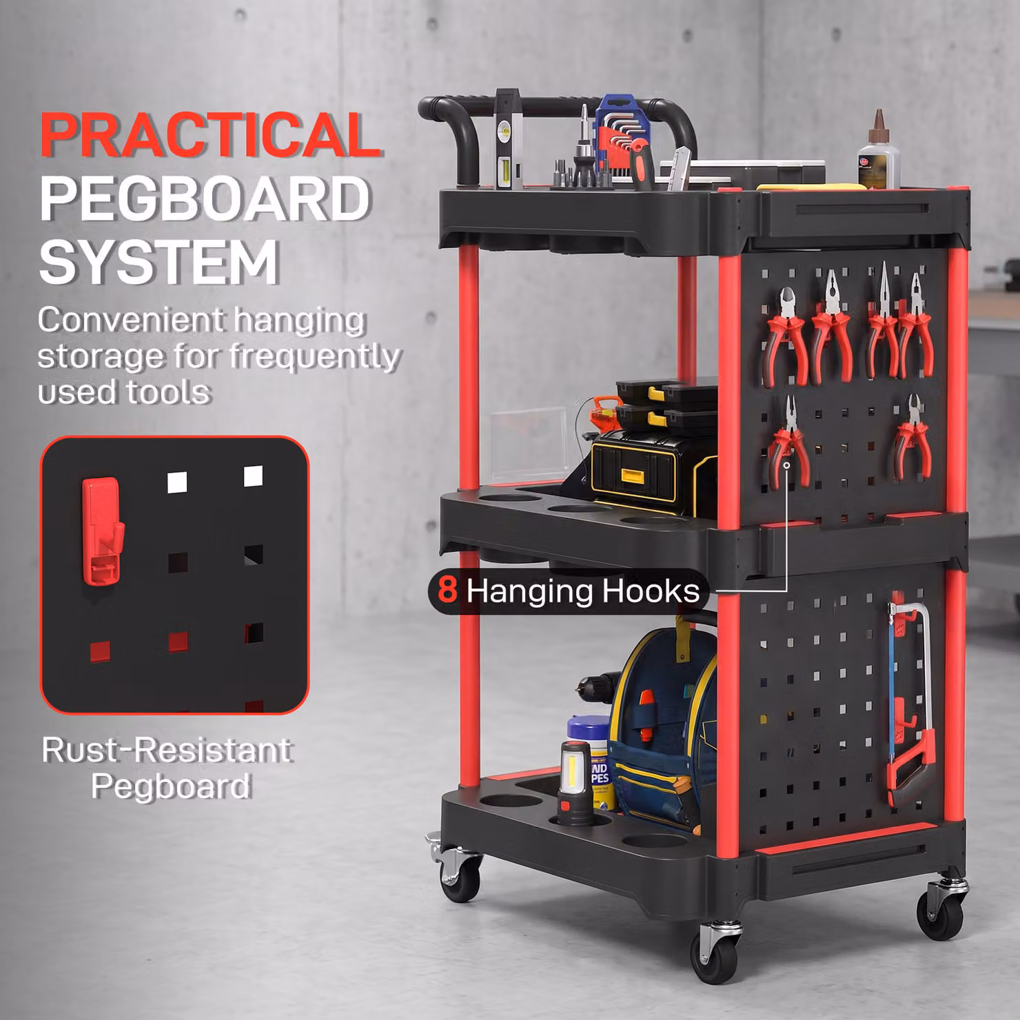 HOMCOM 3-Tier Rolling Tool Cart with Pegboard and Hooks, Black and Red Storage Trolley with Brakes – 5