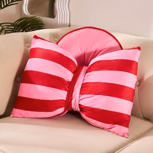OHS Striped Bow Shaped Decorative Scatter Cushion in Red and Pink, W: 50 cm, H: 35 cm – 2