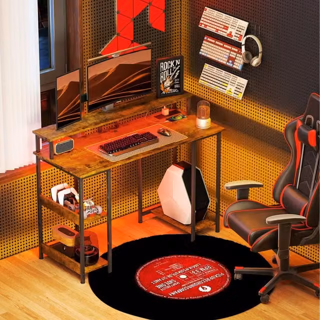HOMCOM Reversible Computer Desk with LED Light and Power Outlet, Brown