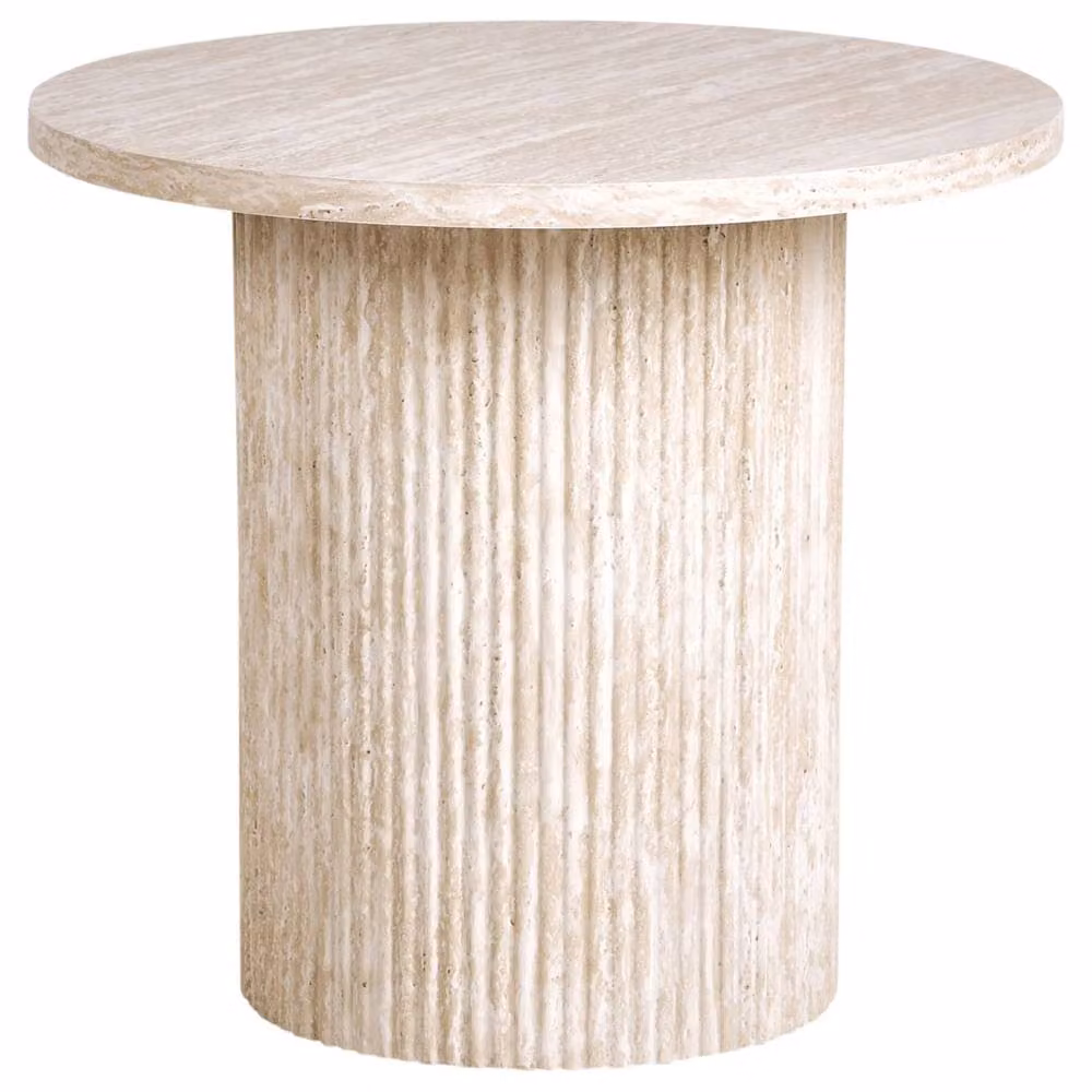 Wyld and Coco Astra Living Round Side Table in Beige with Wood Top and Stone Base, Diameter: 50 cm – 2