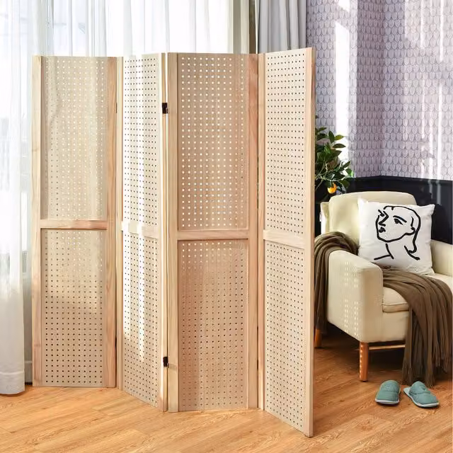COSTWAY 4-Panel Folding Privacy Screen in Rustic Brown and Beige