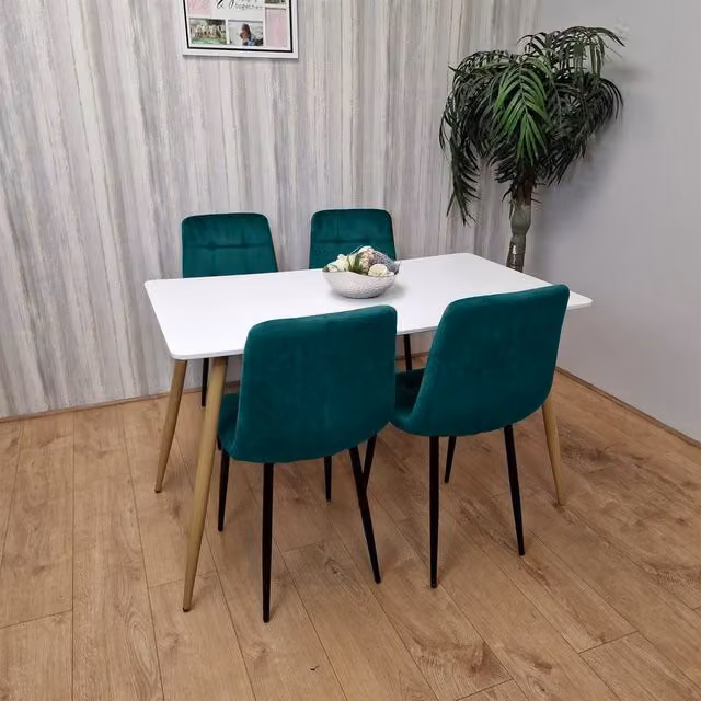 KOSY KOALA Modern White Rectangular Dining Table and 4 Green Velvet Upholstered Chairs Set, W/D/H: 120 x 70 x 75 cm