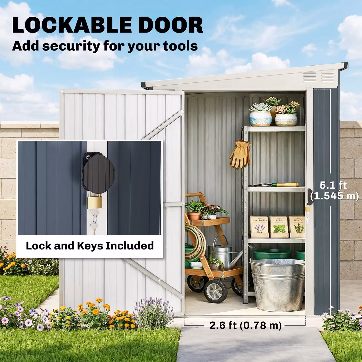 OUTSUNNY Modern Metal Outdoor Garden Storage Shed with Window and Lock, Dark Grey, H 193 x W 181 x D 117 cm – 6