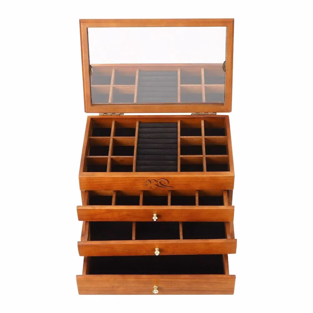Ventryn 4 Layer Wooden Jewelry Storage Box with Mirror, Brown, W: 30.99 cm, D: 20.07 cm, H: 20.07 cm – 3