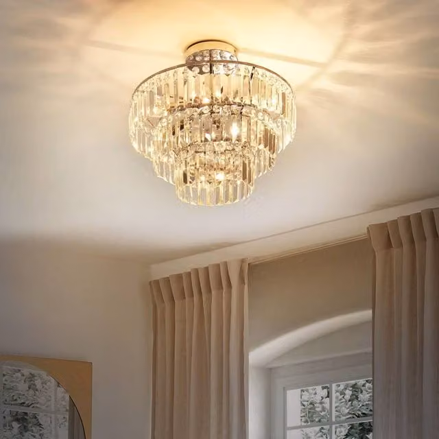 Wyld and Coco Three Tier Crystal Chandelier Pendant Lamp with Chrome Finish and Clear Glass