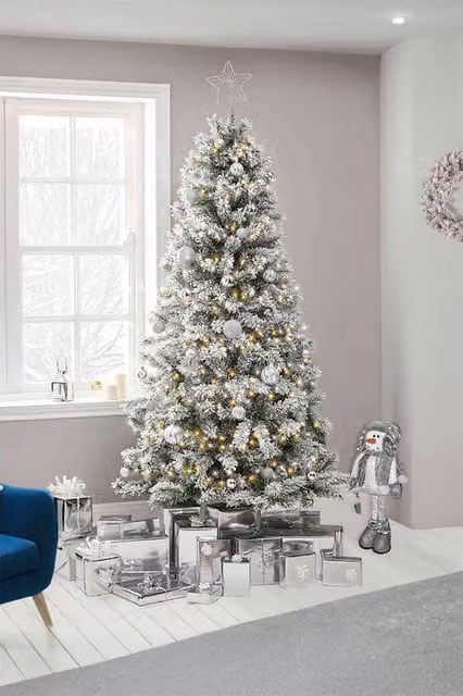Neo 7ft Flocked Snow Effect Spruce Fir Artificial Christmas Tree in Bottle Green – 1