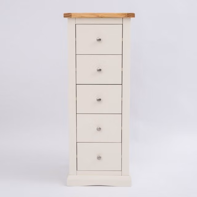 Cabinet Bits Castelli 5 Drawer Narrow Chest of Drawers in Off-White with Chrome Knobs