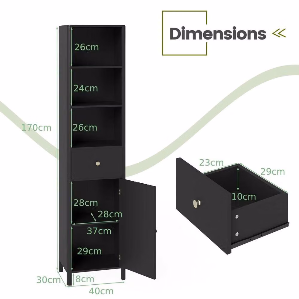 FORGEVIO Modern Narrow Freestanding Bathroom Floor Cabinet in Black, H 170 x W 30 x D 40 cm – 2