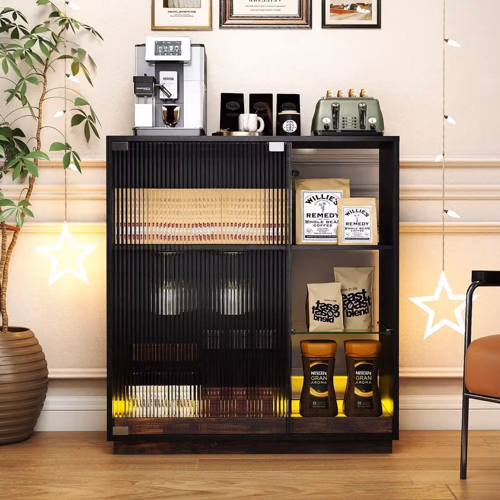 Costway Modern Wine Bar Cabinet with Integrated LED Lights and Glass Doors in Black – 5