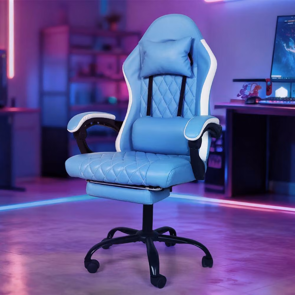 Levede Blue and White Ergonomic Gaming Chair with Headrest, Adjustable Height and Swivel Function – 2