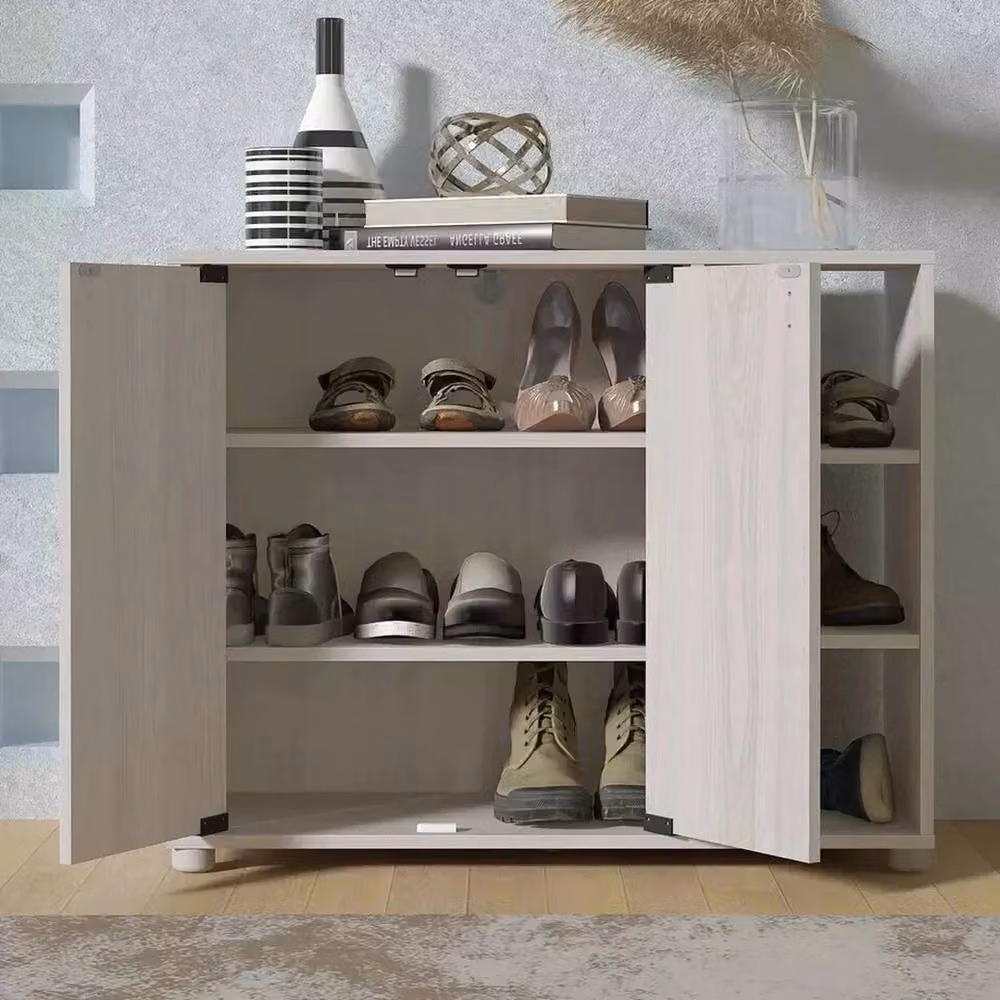 FORGEVIO Compact Modern Shoe Cabinet in Warm Grey Oak with Hinged Doors and Internal Shelves – 3