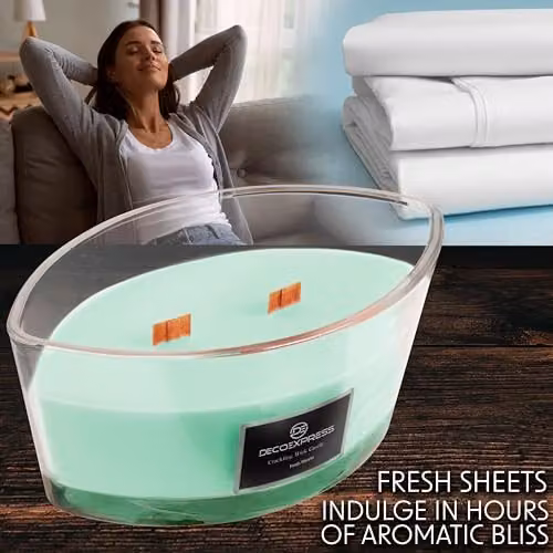 Deco Express Fresh Sheets Scented Woodwick Crackle Candle in Green – 3