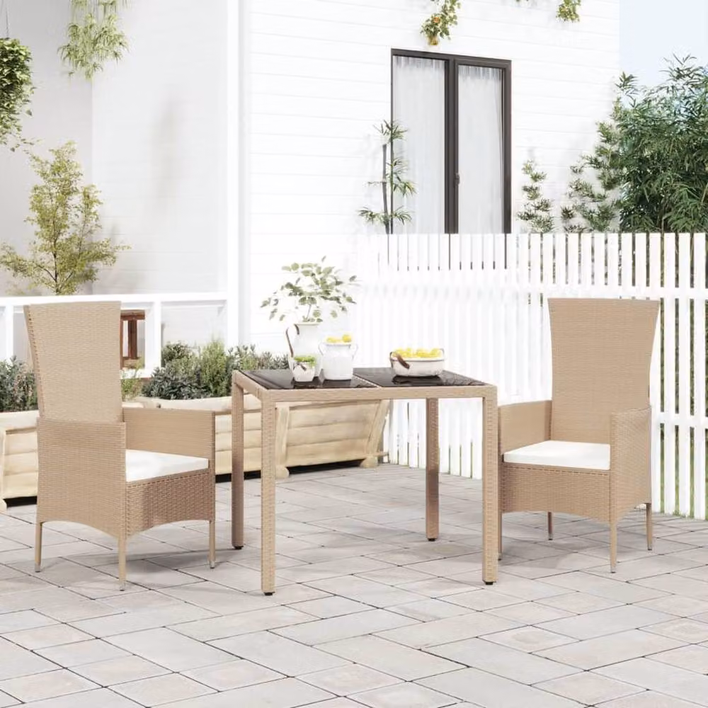 Berkfield Home Beige Poly Rattan Garden Table with Tempered Glass Top – 2
