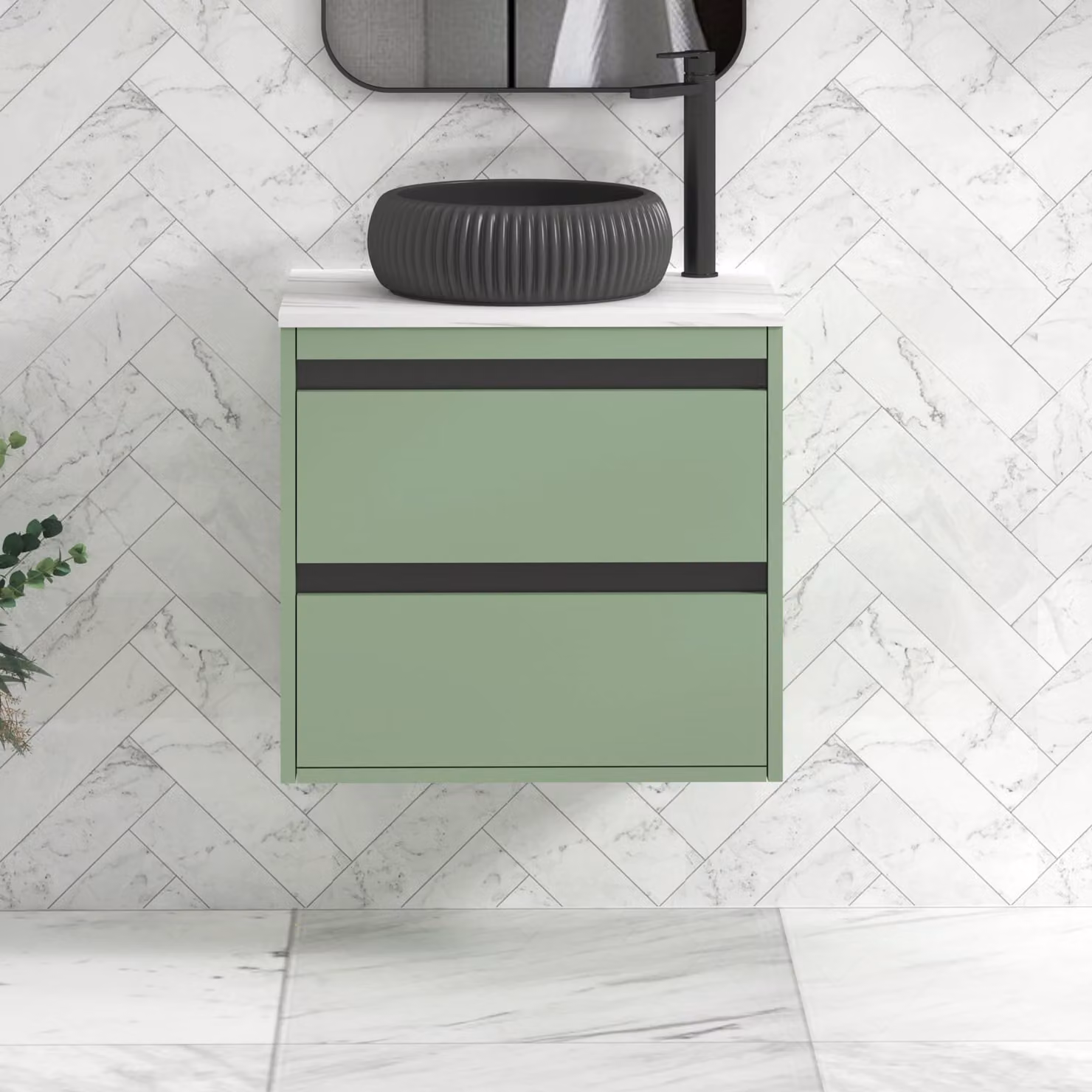 Royal Bathrooms Orion Wall Hung Mint Sage Vanity Unit with Milan Black Basin and Black Accent Trim, Width: 60 cm