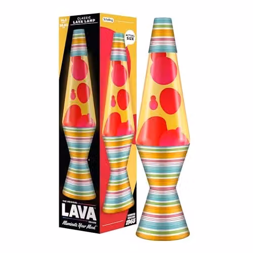 Lava Lite Retro Motion Lamp with Red Wax and Yellow Liquid, Multicolour Glass and Aluminium Tabletop Decor