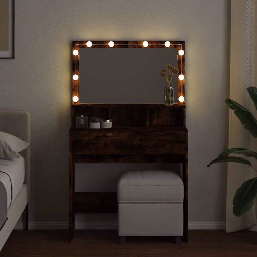 Berkfield Home Hollywood LED Dressing Table in Smoked Oak Brown, W/D/H: 80 x 41 x 134.5 cm – 3