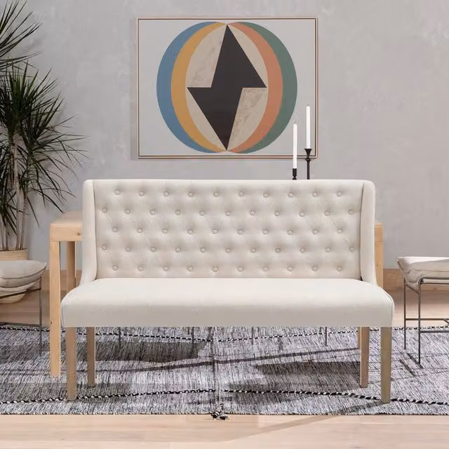 Livingandhome Linen Upholstered Bench with High Backrest in Beige White