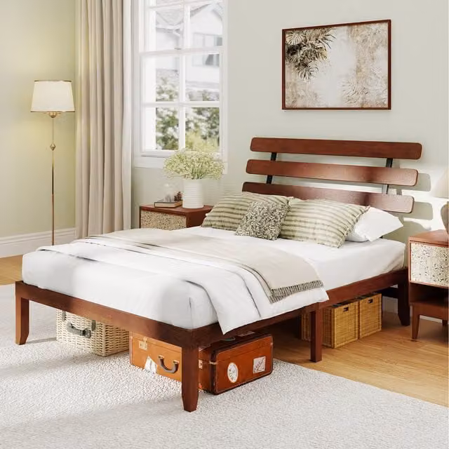 Costway Solid Wood Platform Bed with Retro Headboard in Brown, W/D/H: 180 x 200 cm