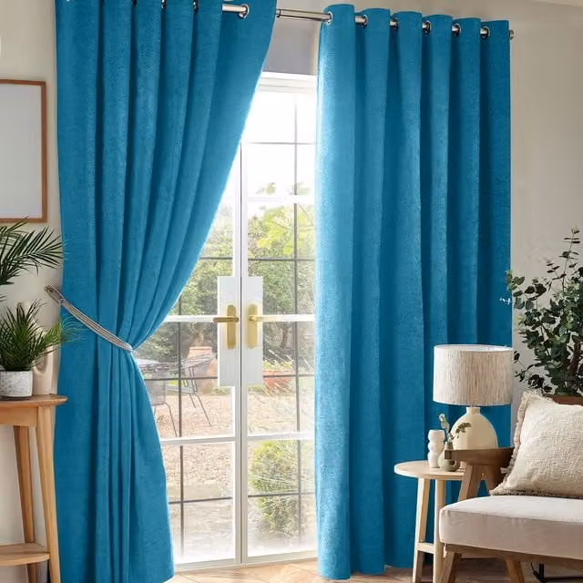 Terrys Chenille Triple Woven Eyelet Blackout Curtains in Petrol Blue