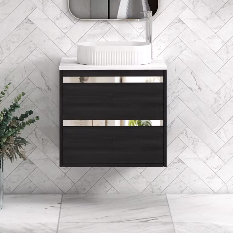 Royal Bathrooms Orion 600mm Hale Black Wall Hung Vanity Unit with Lyon Carrara White Countertop and 2 Drawers