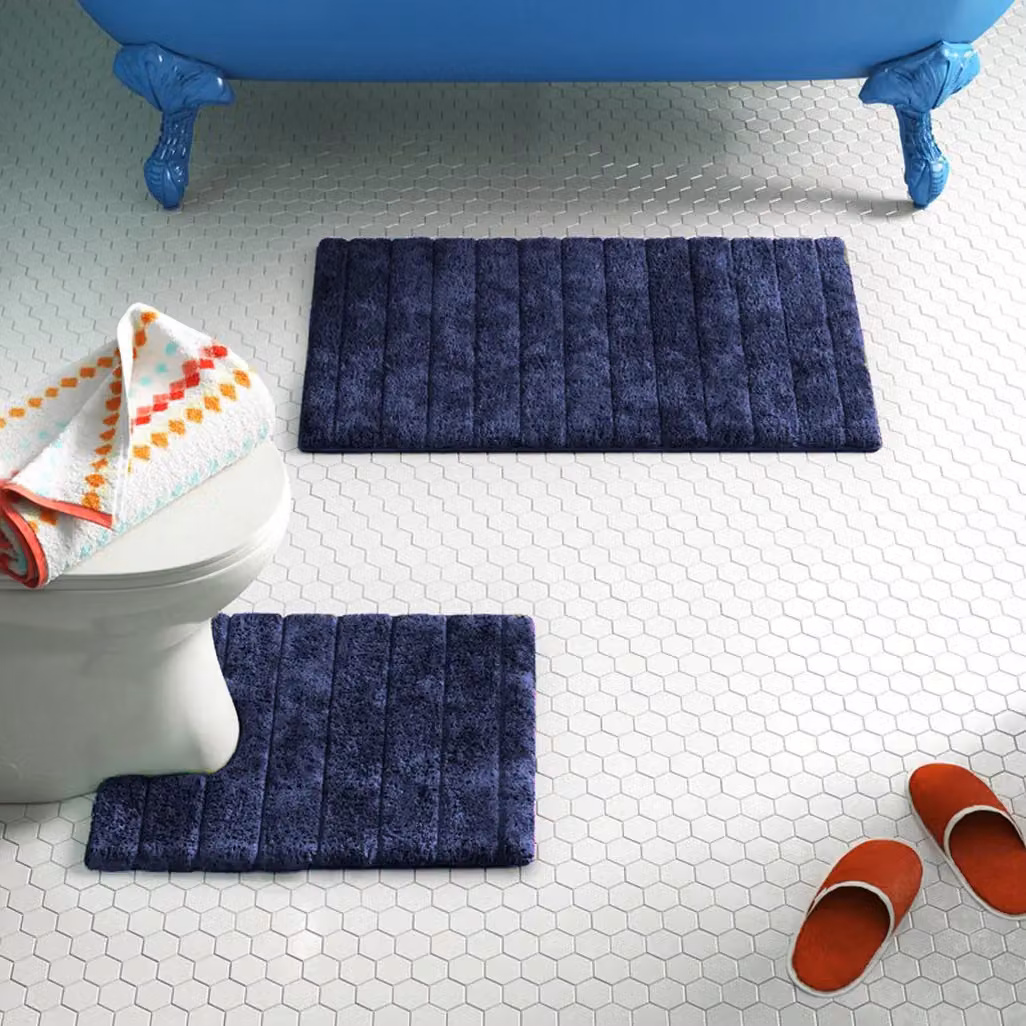 Allure Bath Fashions Ribbed Two Piece Bath and Pedestal Toilet Mat Set in Blue Cotton – 2