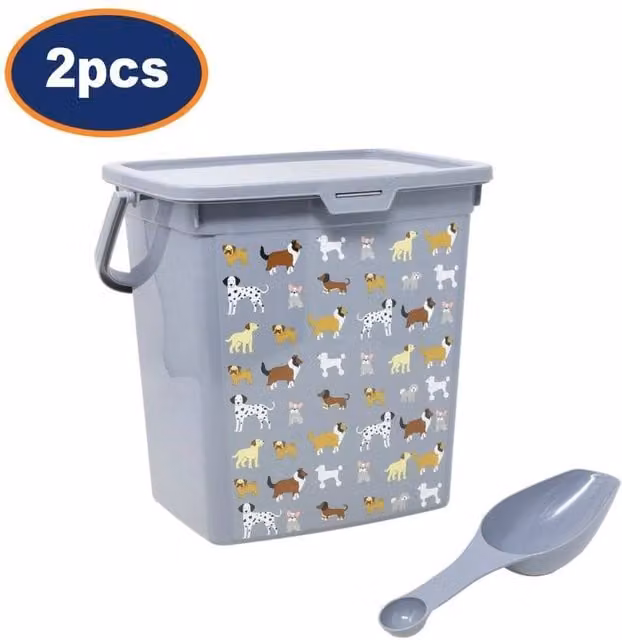 PAWNORA 2-Piece Grey Airtight Plastic Pet Dry Food Storage Set with Spoon, 6 Litre – 1