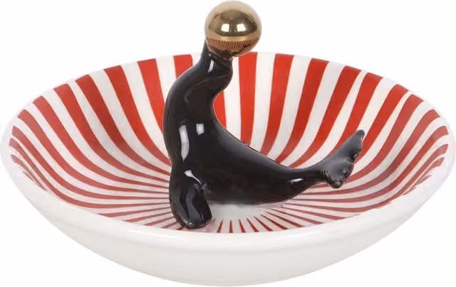 Kingsbury Gifts Circus Seal Ceramic Trinket Dish and Jewellery Tray, Red, Black, Gold and White Striped, Round Tabletop Design