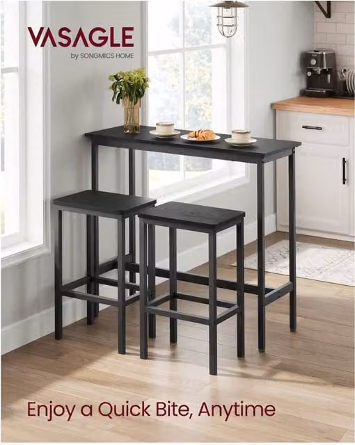 VASAGLE Industrial Bar Table and 2 Stools Dining Set in Black and Brown