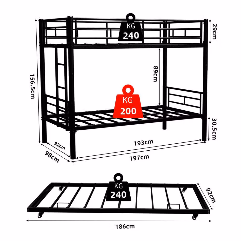 Direct Wicker Black Metal Three-Layer Bunk Bed with Pull-Out Bed, Size: 90 x 200 cm – 2