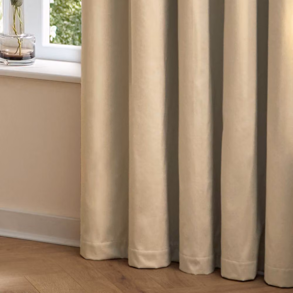 Furn Beige Velvet Room Darkening Pencil Pleat Curtain Pair, Width: 168 cm, Drop: 229 cm – 2