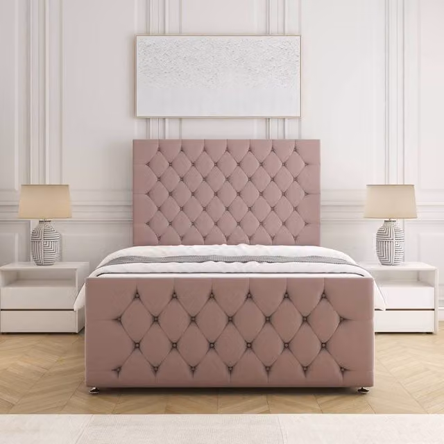 BSSPOKE Maya Plush Super King Divan Bed with Headboard, Footboard and Mattress in Pink Velvet Fabric, W/D/H: 200 x 200 cm