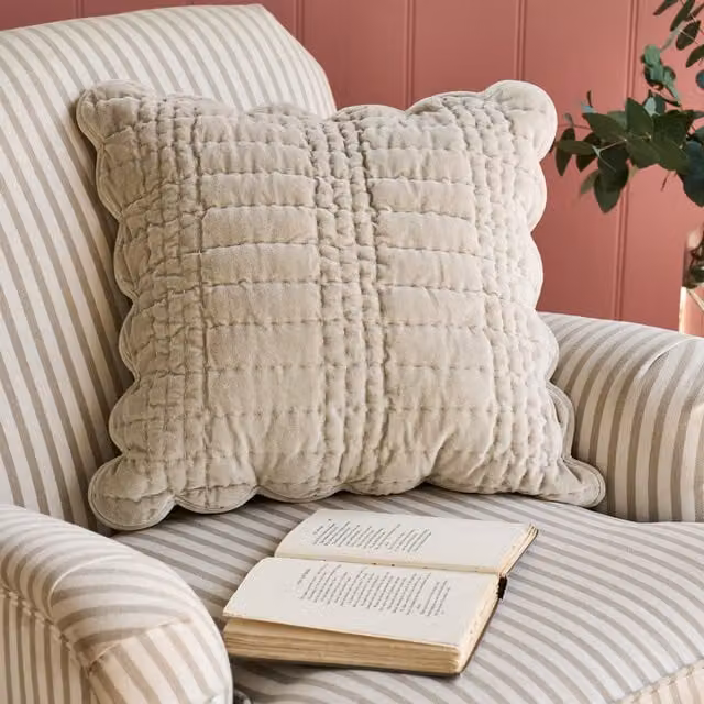Laura Ashley Brady Scalloped Velvet Filled Cushion, Dove Grey, W/D: 43 x 43 cm